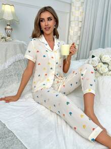Heart Print Contrast Piping PJ Set / Pajama Set - Beige - View 4