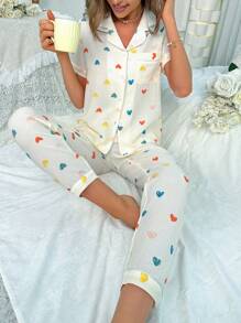 Heart Print Contrast Piping PJ Set / Pajama Set - Beige - View 5