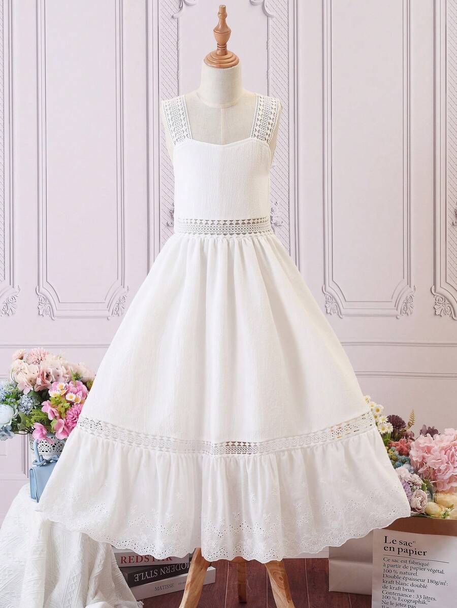 SHEIN Đầm Gái Tương phản ren Viên lá sen màu trơn Dễ thương - trắng - Xem 1