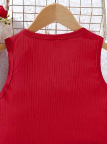 Tween Girl Solid Tank Top & Floral Print Pleated Wide Leg Pants - Red - View 5