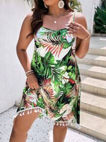 SHEIN Holidaya 大碼熱帶圖案流蘇邊吊帶連衣裙 - 彩色 - 查看 5