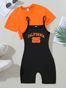 SHEIN Tween Girl Letter Graphic Cami Romper & High Low Hem Tee
