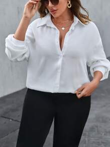 SHEIN Essnce 大碼素色落肩袖襯衫 - 白色 - 查看 1