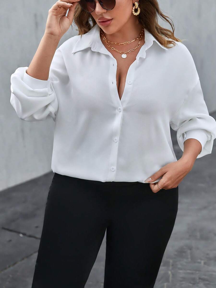 SHEIN Essnce Áo sơ mi Plus Size Nút phía trước màu trơn Giải trí - trắng - Xem 1