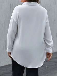 SHEIN Essnce 大碼素色落肩袖襯衫 - 白色 - 查看 2