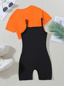 SHEIN Tween Girl Letter Graphic Cami Romper & High Low Hem Tee