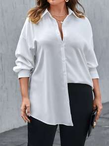 SHEIN Essnce 大碼素色落肩袖襯衫 - 白色 - 查看 4