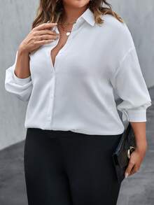 SHEIN Essnce 大碼素色落肩袖襯衫 - 白色 - 查看 5