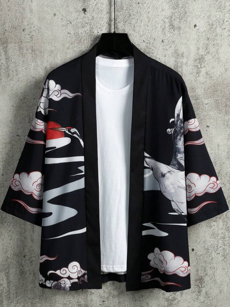 Manfinity Hypemode Men Crane & Floral Print Kimono Without Tee - Black - View 2