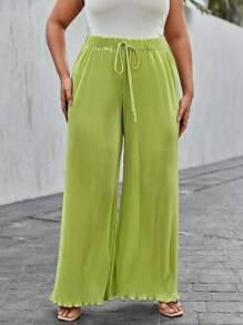 SHEIN Essnce 大碼腰部打結木耳邊闊腿褲 - 青檸色 - 查看 4