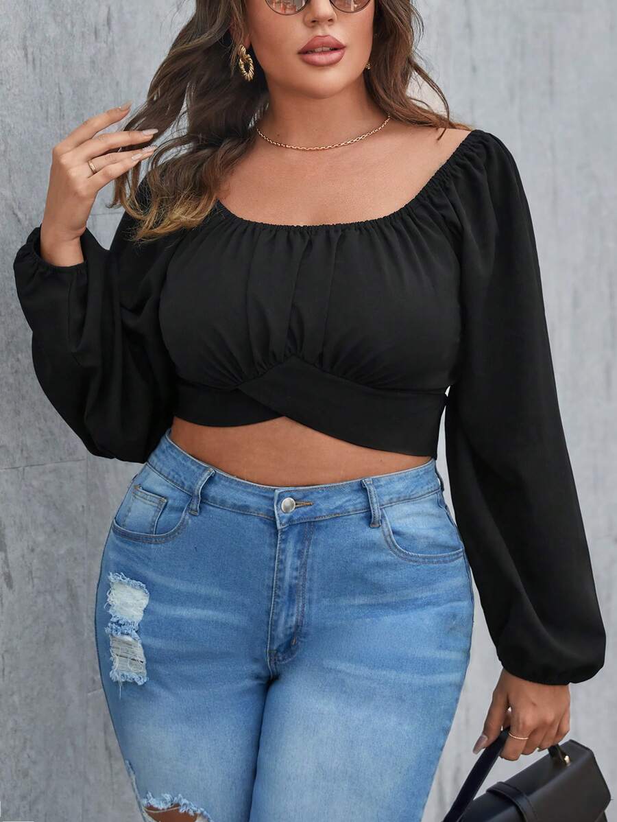 SHEIN Privé Plus Ruched Bust Lantern Sleeve Crop Blouse - Black - View 1