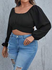SHEIN Privé Plus Ruched Bust Lantern Sleeve Crop Blouse - Black - View 3