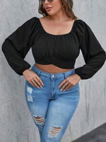 SHEIN Privé Plus Ruched Bust Lantern Sleeve Crop Blouse - Black - View 4