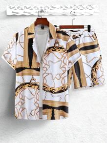 Manfinity RSRT Hombres al azar con estampado de cadena Camisa & Shorts