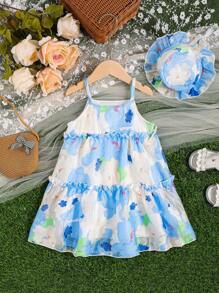 SHEIN Toddler Girls Floral Print Ruffle Hem Cami Dress With Hat - Multicolor - View 1