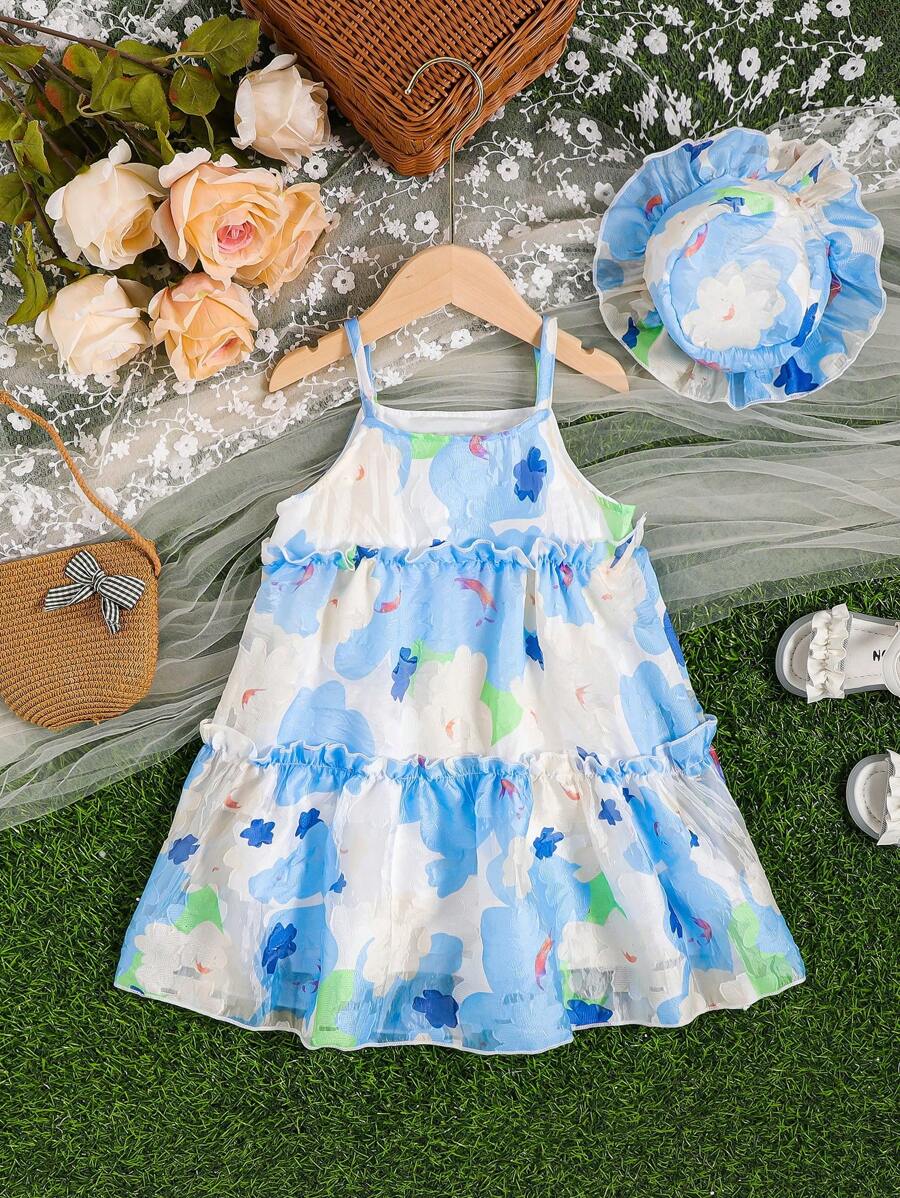 SHEIN Toddler Girls Floral Print Ruffle Hem Cami Dress With Hat - Multicolor - View 1