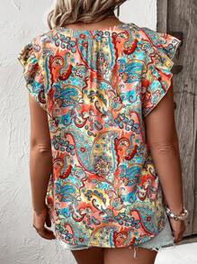 SHEIN LUNE Blusa con estampado de cuello notch ribete con fruncido - Multicolor - Ver 2