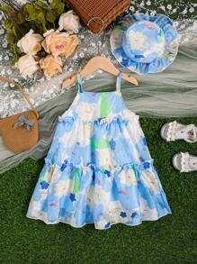 SHEIN Toddler Girls Floral Print Ruffle Hem Cami Dress With Hat - Multicolor - View 2