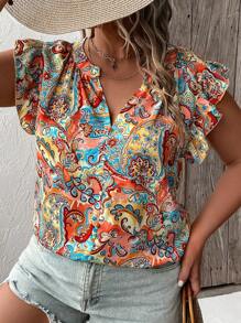 SHEIN LUNE Blusa con estampado de cuello notch ribete con fruncido - Multicolor - Ver 3