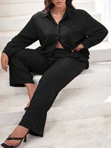 SHEIN Essnce Bộ thời trang Plus Size Nút phía trước màu trơn Giải trí - màu đen - Xem 3