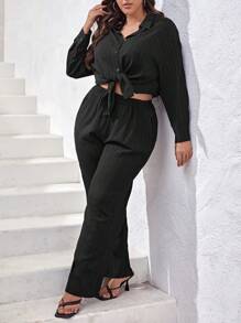 SHEIN Essnce Bộ thời trang Plus Size Nút phía trước màu trơn Giải trí - màu đen - Xem 6