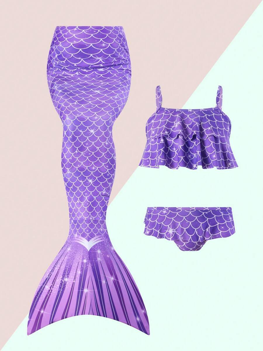 Young Girl Fish Scales 3pcs Mermaid Tail Set - Violet Purple - View 1