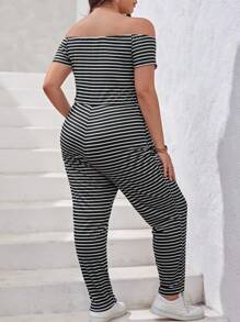 SHEIN Essnce Jumpsuits Plus Size Thắt nút Sọc Giải trí - Đen và trắng - Xem 3