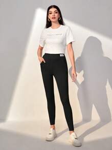 Seusyu Letter Patched Detail Slant Pocket Leggings Fall Cloth For Women - Black - View 4