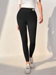 Seusyu Letter Patched Detail Slant Pocket Leggings Fall Cloth For Women - Black - View 5