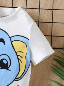 SHEIN 小男童卡通大象印花T恤 - 白色 - 查看 6