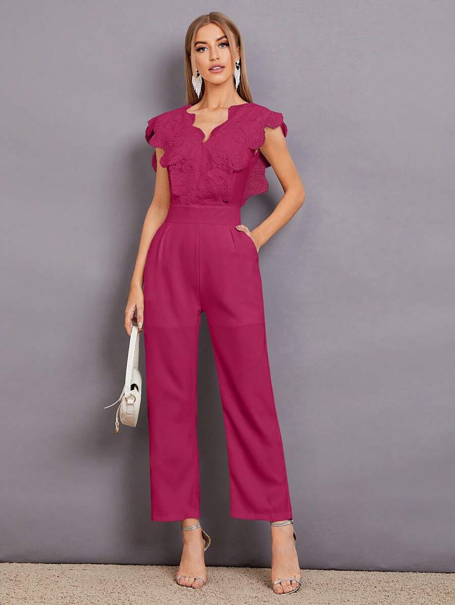 Modelyn Áo liền quần nữ Tương phản ren Sò điệp Dây kéo màu trơn Thanh lịch - Màu Hồng Tươi - Xem 1