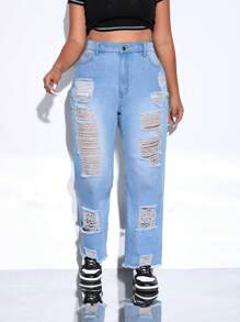 SHEIN EZwear Quần Denim kích thước lớn Túi Bị tách Dây kéo màu trơn - Rửa nhẹ - Xem 4