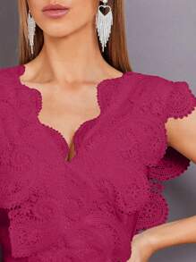 Modelyn Áo liền quần nữ Tương phản ren Sò điệp Dây kéo màu trơn Thanh lịch - Màu Hồng Tươi - Xem 3