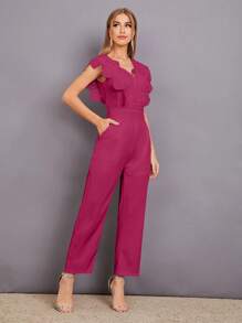 Modelyn Áo liền quần nữ Tương phản ren Sò điệp Dây kéo màu trơn Thanh lịch - Màu Hồng Tươi - Xem 4