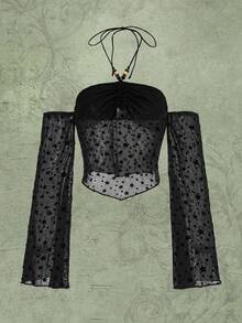 ROMWE Fairycore In Sao Dây rút Halter Neck Tay áo kèn  Lưới Áo - màu đen - Xem 2