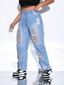 SHEIN EZwear Quần Denim kích thước lớn Túi Bị tách Dây kéo màu trơn - Rửa nhẹ - Xem 5