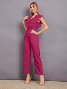 Modelyn Áo liền quần nữ Tương phản ren Sò điệp Dây kéo màu trơn Thanh lịch - Màu Hồng Tươi - Xem 5