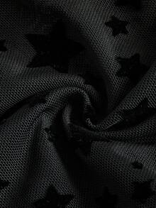 ROMWE Fairycore In Sao Dây rút Halter Neck Tay áo kèn  Lưới Áo - màu đen - Xem 4