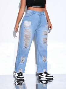 SHEIN EZwear Quần Denim kích thước lớn Túi Bị tách Dây kéo màu trơn - Rửa nhẹ - Xem 6