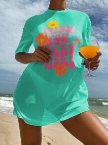 SHEIN Swim Summer Beach Floral & Slogan Graphic Drop Shoulder Mesh Cover Up Dress Without Bikini Set