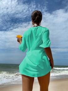 SHEIN Swim Summer Beach Floral & Slogan Graphic Drop Shoulder Mesh Cover Up Dress Without Bikini Set