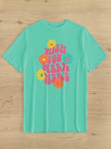SHEIN Swim Summer Beach Floral & Slogan Graphic Drop Shoulder Mesh Cover Up Dress Without Bikini Set