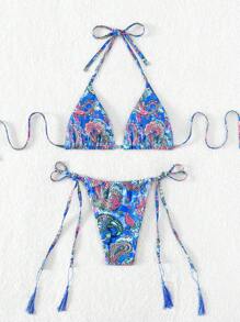 Swim SXY Summer Beach Paisley Print Halter Triangle Bikini Set - Multicolor - View 2