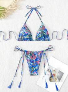 Swim SXY Summer Beach Paisley Print Halter Triangle Bikini Set - Multicolor - View 5