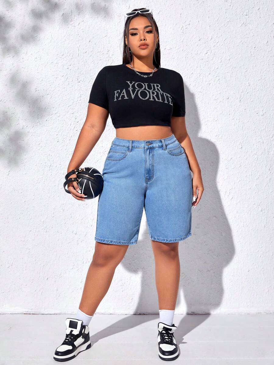 SHEIN EZwear Plus High Waist Bermuda Denim Shorts - Light Wash - View 1