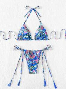 Swim SXY Summer Beach Paisley Print Halter Triangle Bikini Set - Multicolor - View 6