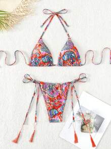 SHEIN Swim Paisley Print Triangle Tie Side Bikini Set For Summer Beach - Multicolor - View 5