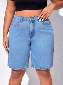 SHEIN EZwear Plus High Waist Bermuda Denim Shorts - Light Wash - View 3