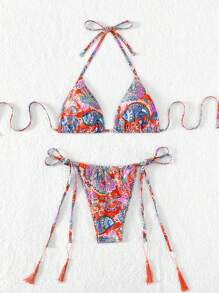 SHEIN Swim Paisley Print Triangle Tie Side Bikini Set For Summer Beach - Multicolor - View 6
