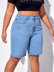 SHEIN EZwear Plus High Waist Bermuda Denim Shorts - Light Wash - View 4